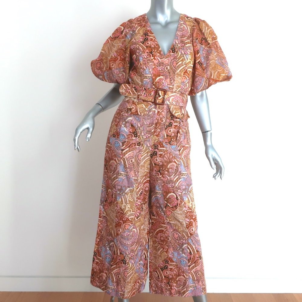 ZIMMERMANN CONCERT BELTED JUMPSUIT MULTICOLOR PAISLEY PRINT LINEN SIZE 1 - Picture 1 of 7
